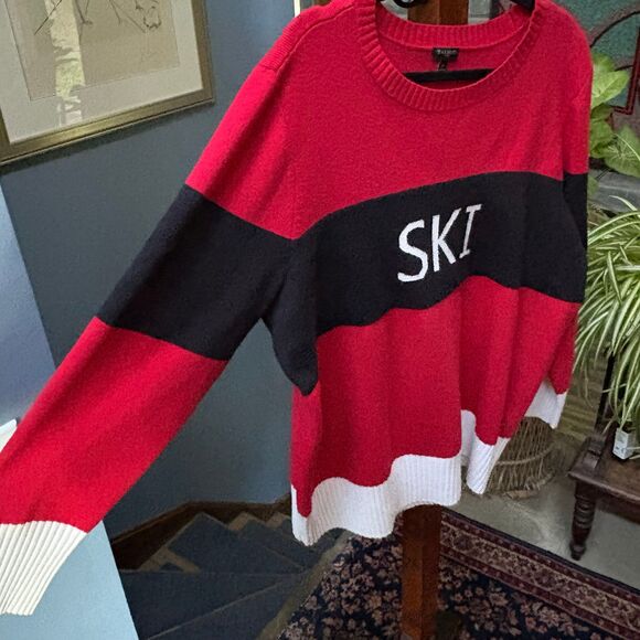 Talbots Plus 2X Red Black Ski Chalet Colorblock Crewneck Sweater - Picture 6 of 9
